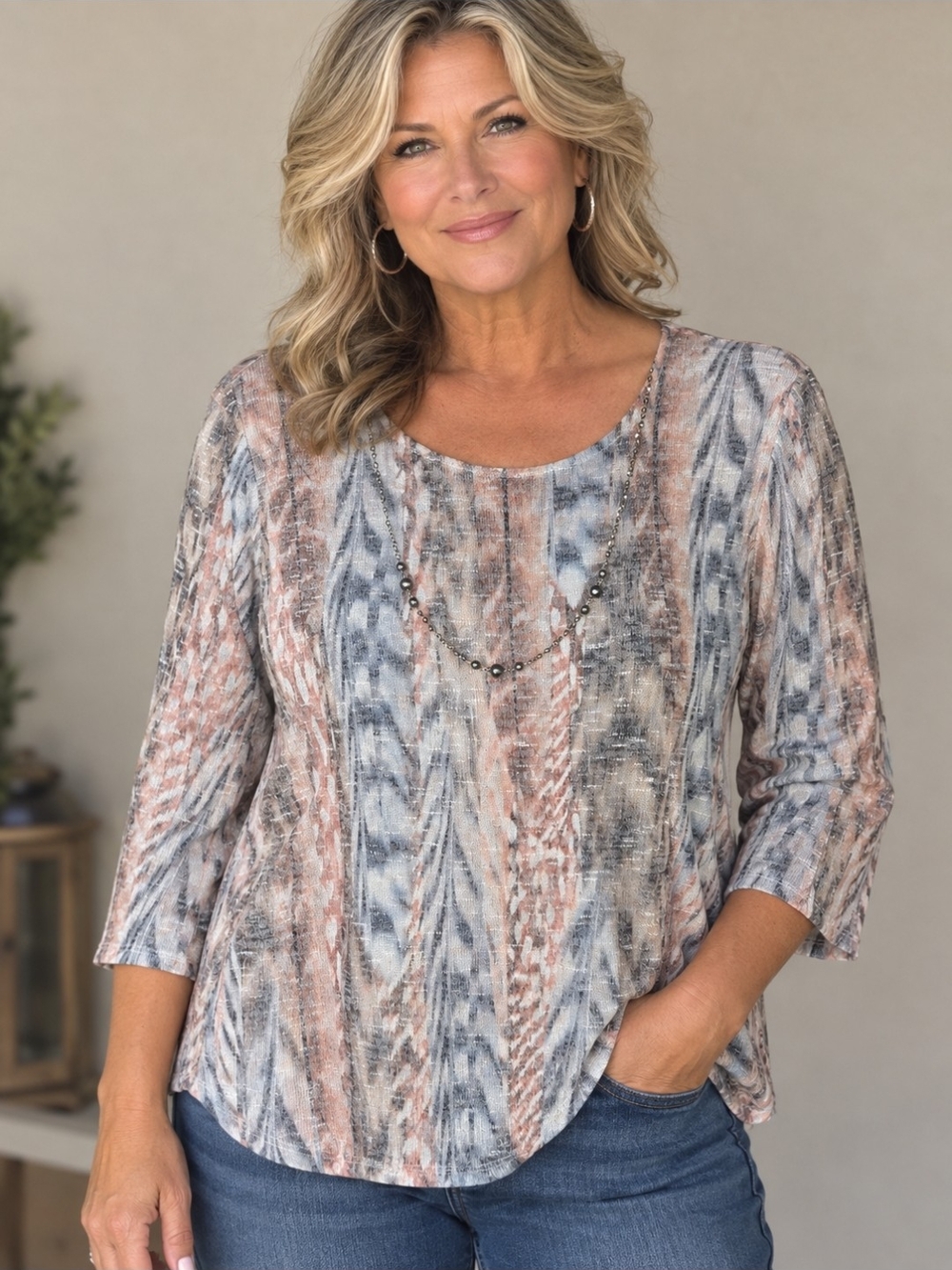 Alfred Dunner Blush and Blue Patterned Scoop Neck Long Sleeve Top